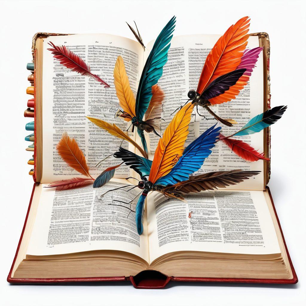 A whimsical illustration of a giant open dictionary with vibrant pages fluttering in the wind, surrounded by floating idioms like 'bite the bullet' and 'break the ice', interspersed with historical language symbols and a magnifying glass examining intricate word origins. The background features a colorful collage of famous authors and poets with quill pens. surrealism. vibrant colors. white background.
