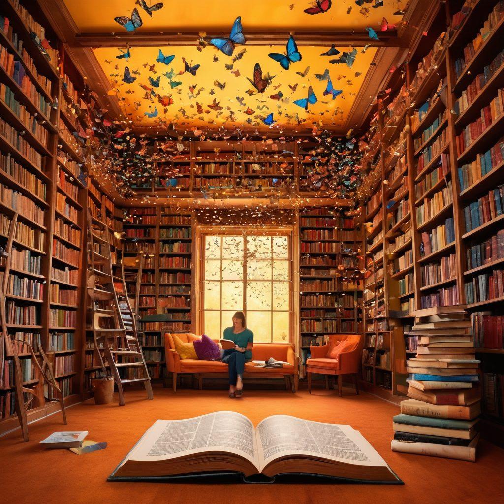 A whimsical library filled with colorful books and oversized dictionaries, where magical phrases float in the air like a cascade of shimmering butterflies. A diverse group of people is joyfully exploring the books and engaging in creative brainstorming sessions. Vivid colors and playful designs to represent inspiration and imagination. The setting is cozy with warm lighting to evoke feelings of comfort and creativity. vibrant colors. super-realistic. fantasy art.