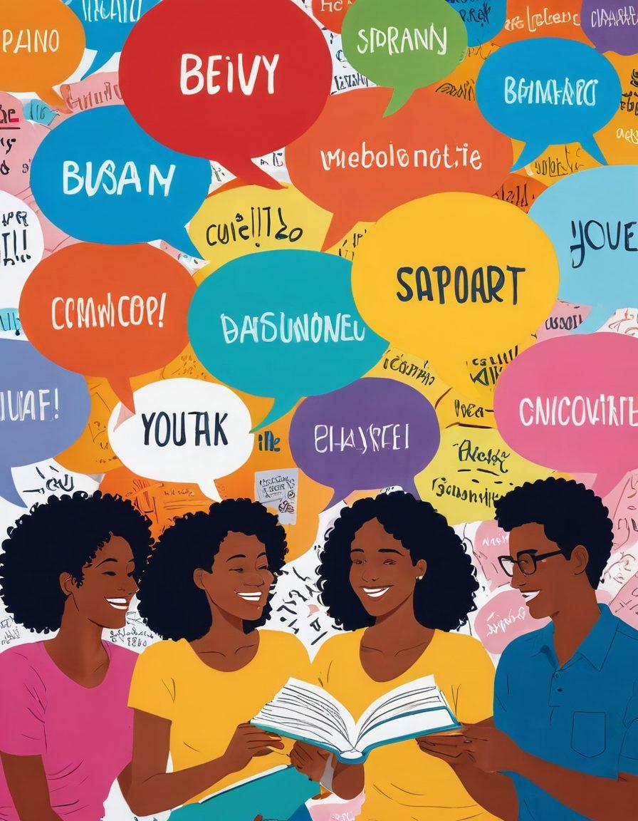 A vibrant and engaging scene depicting a diverse group of people joyfully communicating with colorful speech bubbles filled with positive words and phrases. Include elements of books, quill pens, and a glowing brain to symbolize linguistic enrichment and knowledge. Use bright colors to create an uplifting atmosphere, with soft, flowing lines to enhance the feeling of connection and joy. super-realistic. vibrant colors. dynamic composition.
